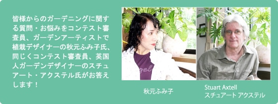 皆様からのガーデニングに関する質問・お悩みをコンテスト審査員、ガーデンアーティストで植栽デザイナーの秋元ふみ子氏、同じくコンテスト審査員、英国人ガーデンデザイナーのスチュアート・アクステル氏がお答えします!