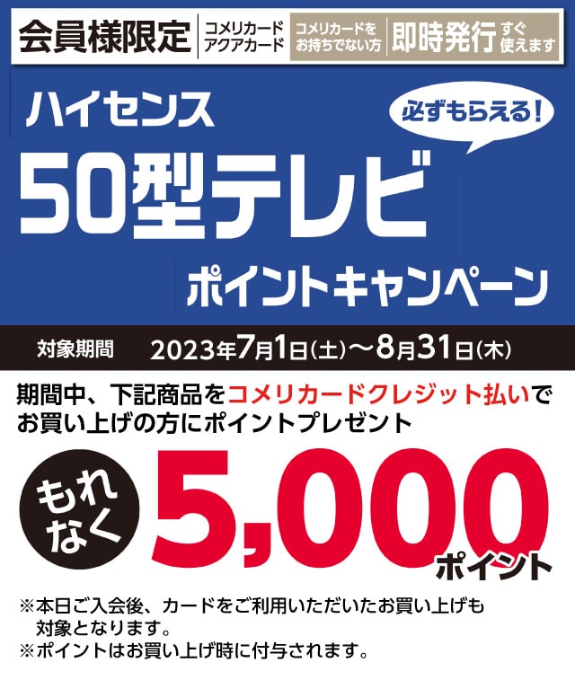 �n�C�Z���X�@�K�����炦��I50�^�e���r�|�C���g�L�����y�[���@2023�N7��1��(�y)�`8��31��(��)�̃L�����y�[�����Ԓ��A�Ώۏ��i���R�����J�[�h�N���W�b�g�����ł������グ�̕��ɂ���Ȃ��|�C���g�v���[���g