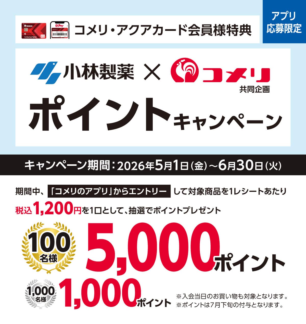小林製薬　ポイントキャンペーン　2026年5月1日(金)～6月30日(火)のキャンペーン期間中、コメリのアプリからエントリーし、対象商品をお買い上げでポイントプレゼント！