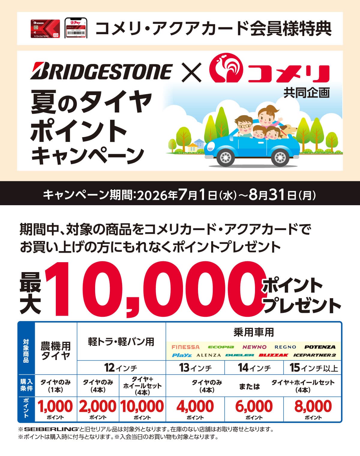 ブリヂストン 夏のタイヤポイントキャンペーン　2026年7月1日(水)～8月31日(月)のキャンペーン期間中、対象のブリヂストンタイヤをコメリカード・アクアカードでお買い上げの方にもれなくポイントプレゼント