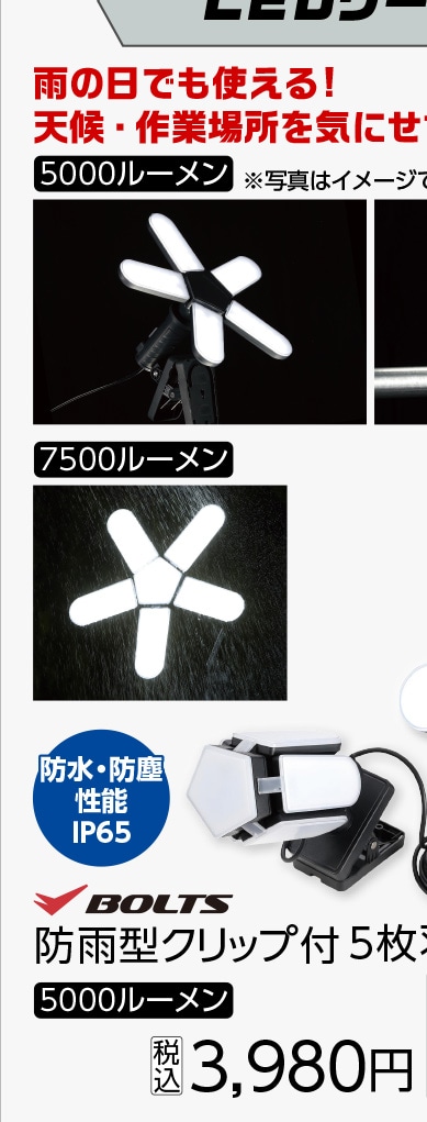 ＢＴ防雨型クリップ付５枚羽ＬＥＤライト５０００ＬＭ