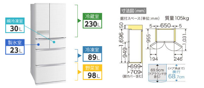 三菱 6ドア冷凍冷蔵庫　MR-JX47LTE-W