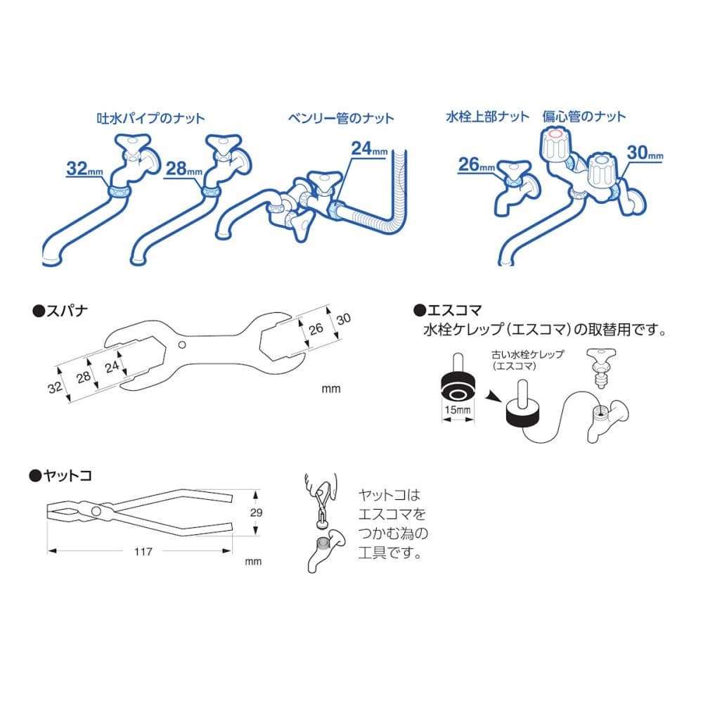 水栓スパナセット　適応ナット対辺２４、２６、２８、３０、３２ｍｍ　ヤットコ、エスコマ付　ＰＲ３３５Ｓ