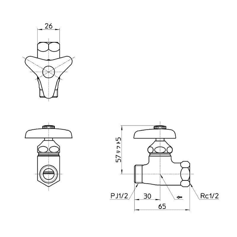 化粧バルブ　Ｒｃ１／２メネジ　ＰＪ１／２オネジ　呼び１３　一般地寒冷地共用形　ＪＶ２１Ａ－１３