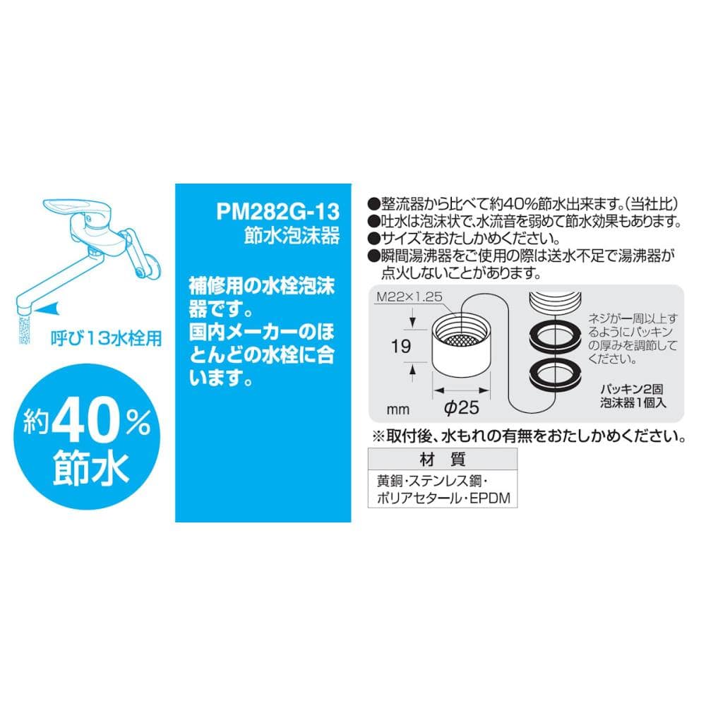 節水泡沫器　水ハネ防止　ネジ径Ｍ２２Ｘ１．２５メネジ　節水効果　ＰＭ２８２Ｇ－１３