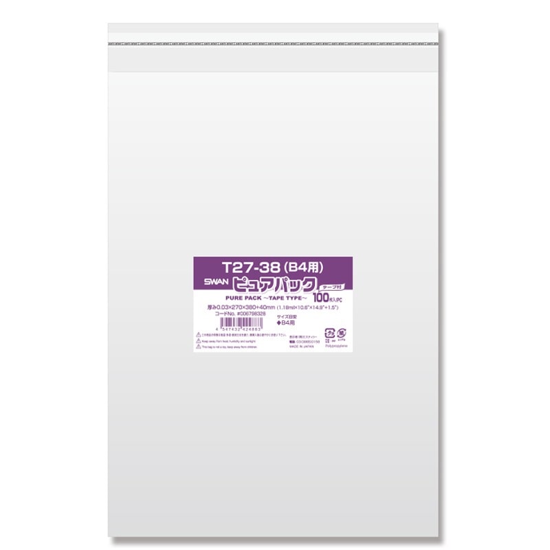 シモジマ　ＳＷＡＮ　ＯＰＰ袋　０．０３ｍｍ厚　透明　テープ付き　Ｔ２７－３８　１００枚入り