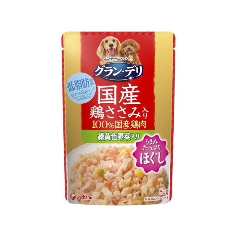 ユニ・チャーム　グラン・デリ　銀のさらパウチ　国産鶏ささみほぐし　緑黄色野菜入り　８０ｇ