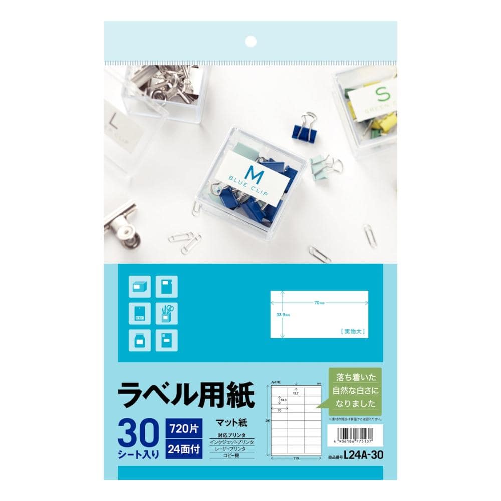 エーワン ラベル用紙 720片24面付 30枚入 L24A‐30