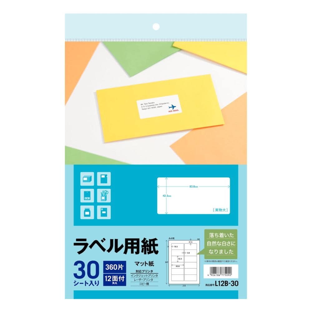 エーワン ラベル用紙 360片12面付 30枚入 L12B‐30