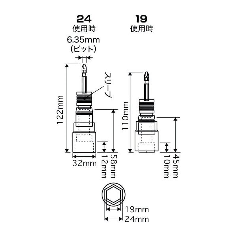 タジマ（ＴＪＭデザイン）　ビット交換ソケット　１９×２４ｍｍ　６角　　ＢＳ１９２４－６Ｋ