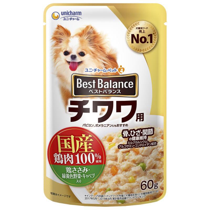 愛犬元気　ベストバランス　国産鶏ささみ・緑黄色野菜・キャベツ入りパウチ　チワワ用　６０ｇ