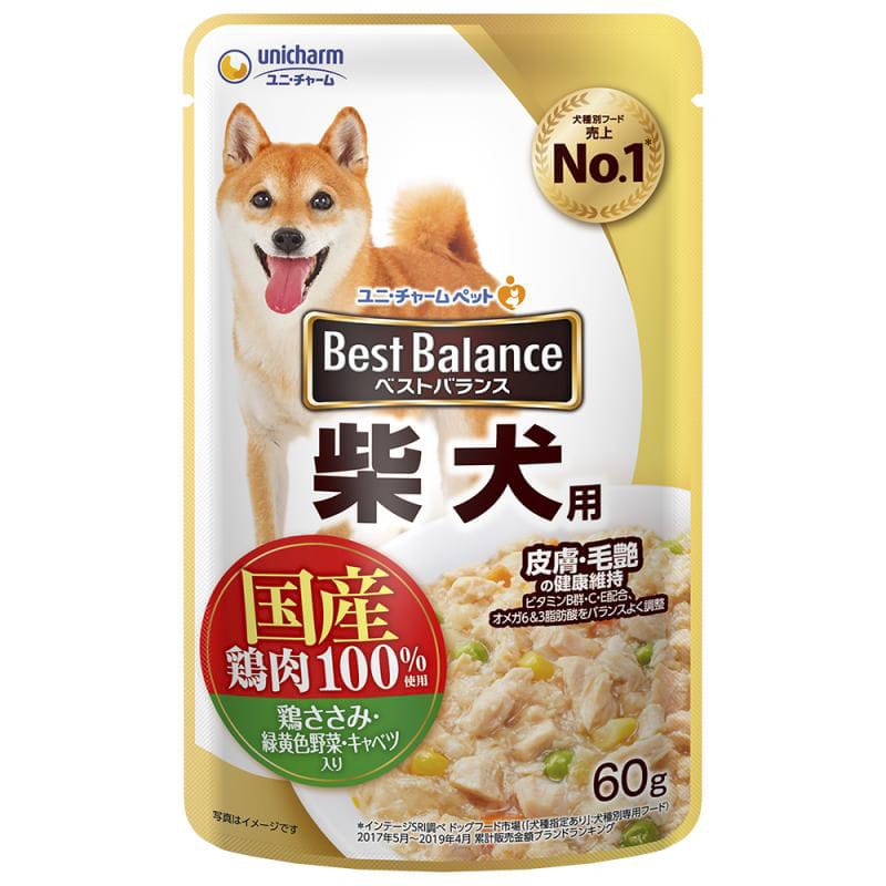 愛犬元気　ベストバランス　国産鶏ささみ・緑黄色野菜・キャベツ入りパウチ　柴犬用　６０ｇ