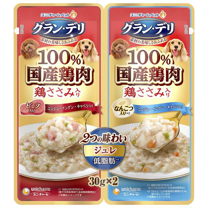 ユニ・チャーム　グラン・デリ　鶏ささみパウチ　２つの味わい　ジュレ　ビーフ＆軟骨　３０ｇ×２パック