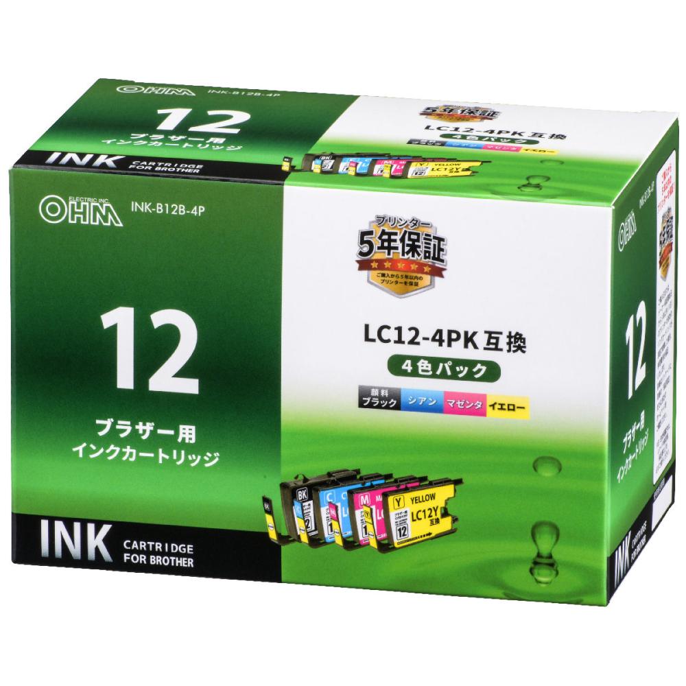オーム電機　ブラザー　互換インクカートリッジ　ＬＣ１２用　４色パック