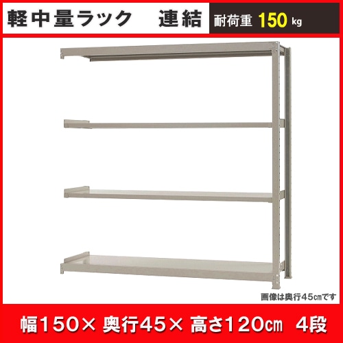 北島　中軽量ラック１５０ｋｇ　幅１５００×奥行４５０×高さ１２００ｍｍ　アイボリー　４段　連結