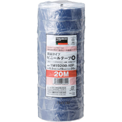ＴＲＵＳＣＯ　脱鉛タイプ　ビニールテープ　１９Ｘ２０ｍ　青　１０巻入り＿
