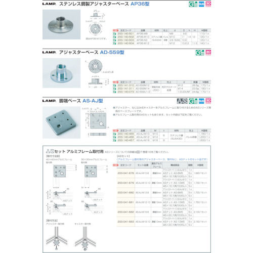 スガツネ工業　ＡＳアルミフレーム用脚端ベースＭ１０（２００ー１４０ー４５５）＿