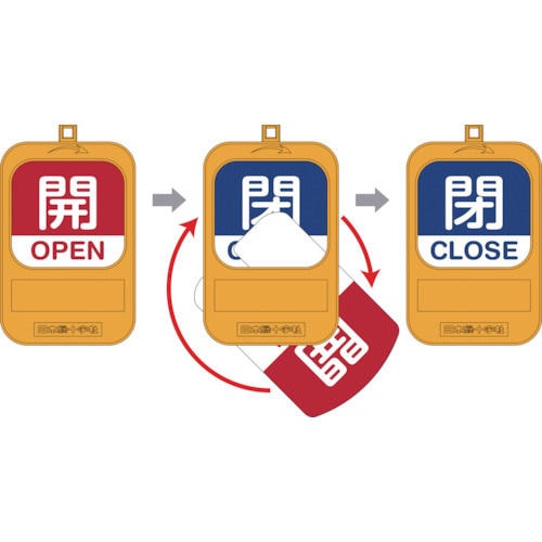 緑十字 回転式バルブ開閉札 開OPEN(赤)⇔閉CLOSE(青) 90×60mm_