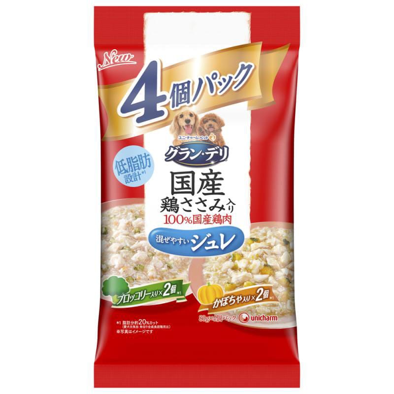 ユニ・チャーム　グラン・デリ　国産鶏ささみパウチ　ジュレ　ブロッコリー・かぼちゃ　８０ｇ×４個パック