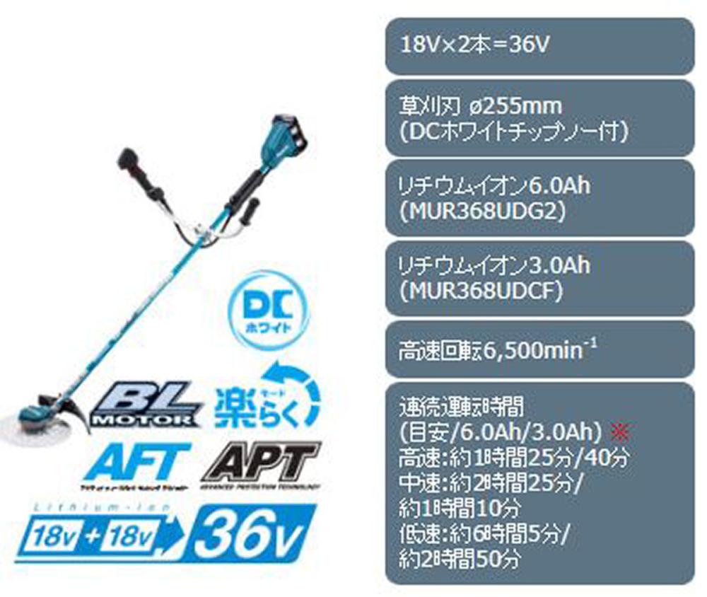 お気に入 農家のお店おてんとさんMakita マキタ 充電式 草刈機 MUR368UDG2 刈込み幅255mm Uハンドル 36V 18V×2  プロ品質 カラミトリ機能付 省エネ 低騒音 排ガスゼロ