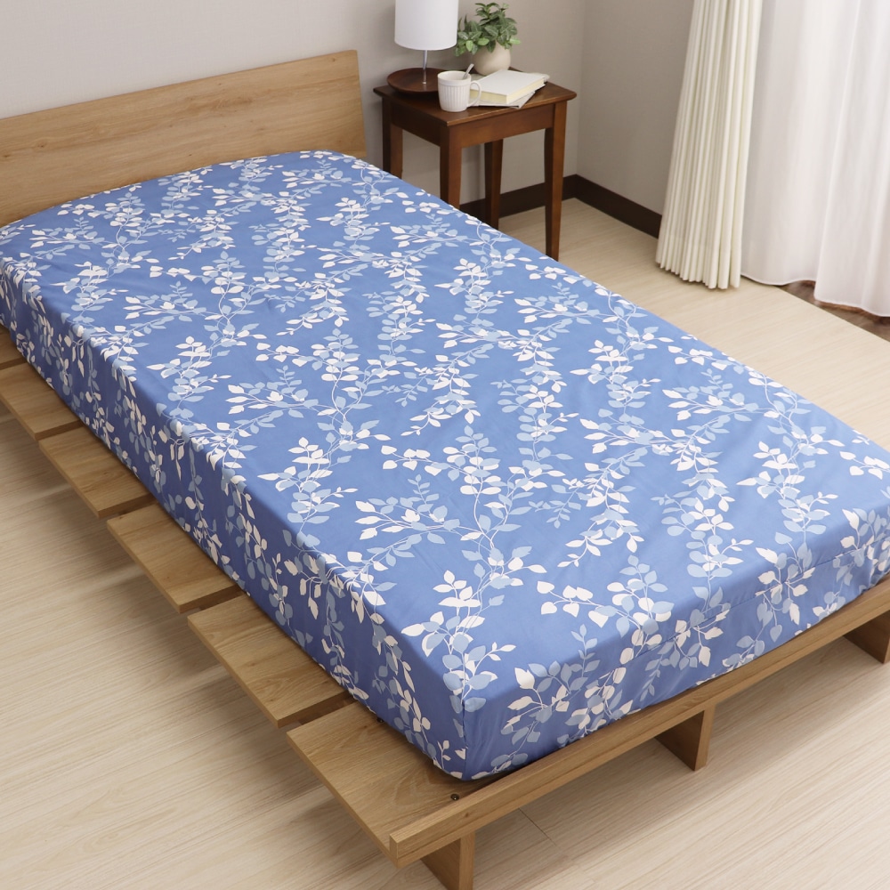 ＢＯＸシーツ　リーフ　ネイビー　シングル　１００×２００×マチ３８ｃｍ