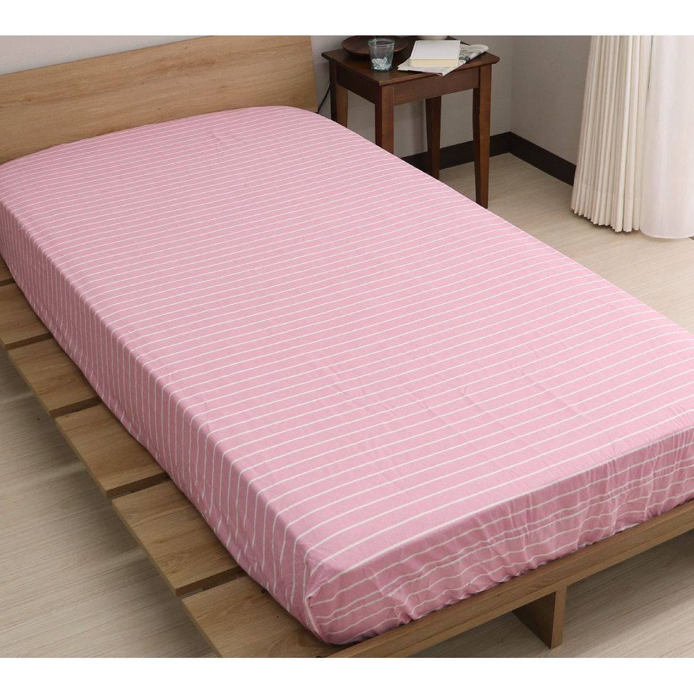 ＢＯＸシーツ　幾何ボーダー　ピンク　ダブル　１４０×２００×マチ３８ｃｍ