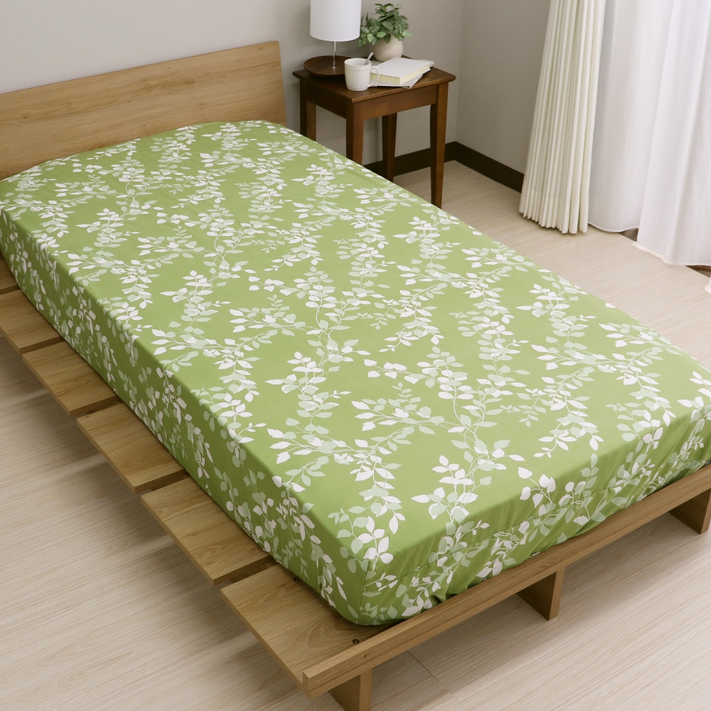 ＢＯＸシーツ　リーフ　グリーン　ダブル　１４０×２００×マチ３８ｃｍ