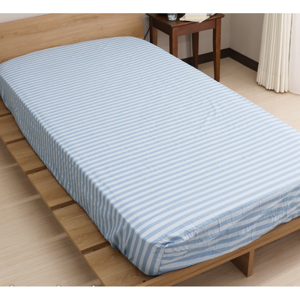 ＢＯＸシーツ　ロゴボーダー　ブルー　ダブル　１４０×２００×マチ３８ｃｍ