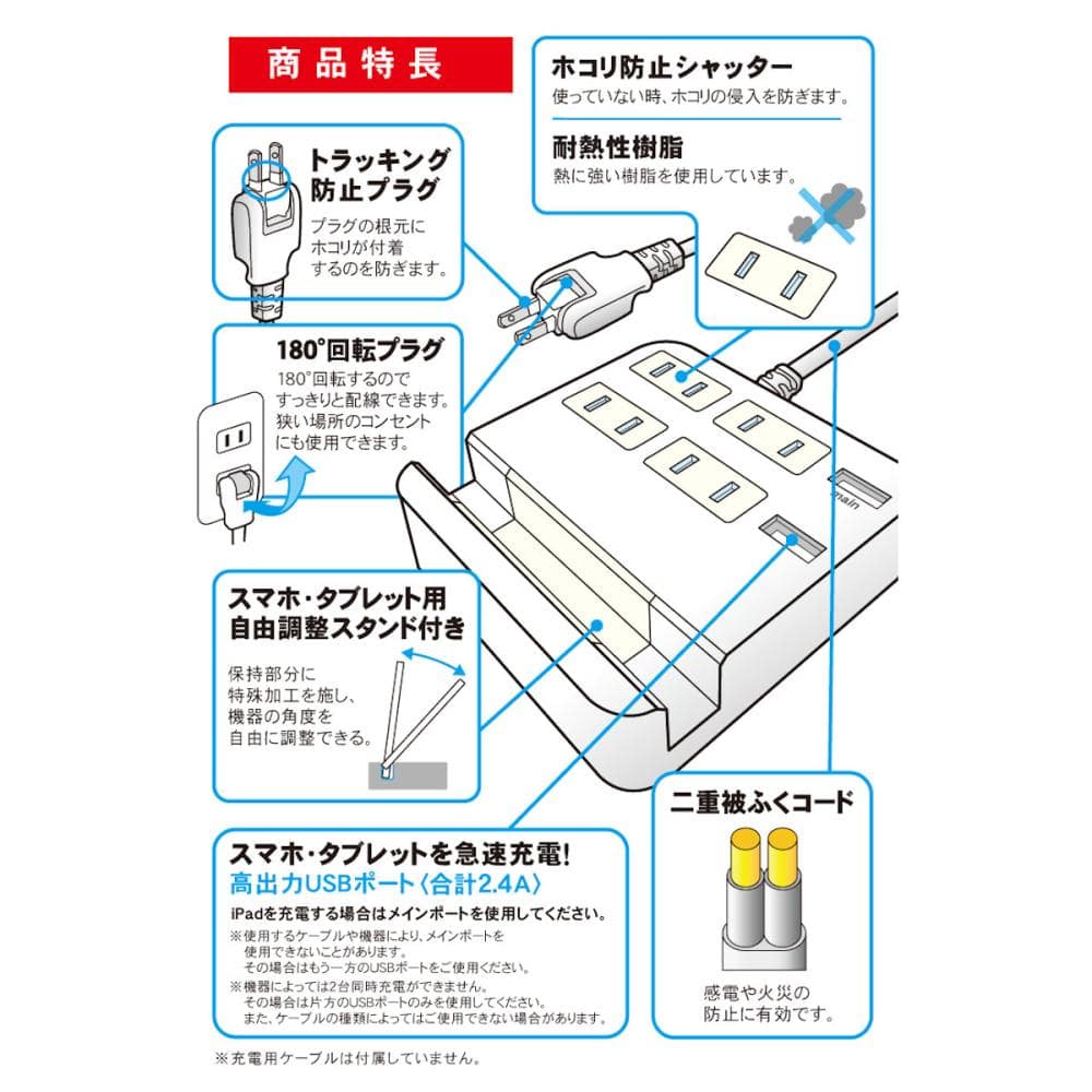 トップランド　ＵＳＢ付きスタンドタップ　４個口　１．５ｍ　ホワイト