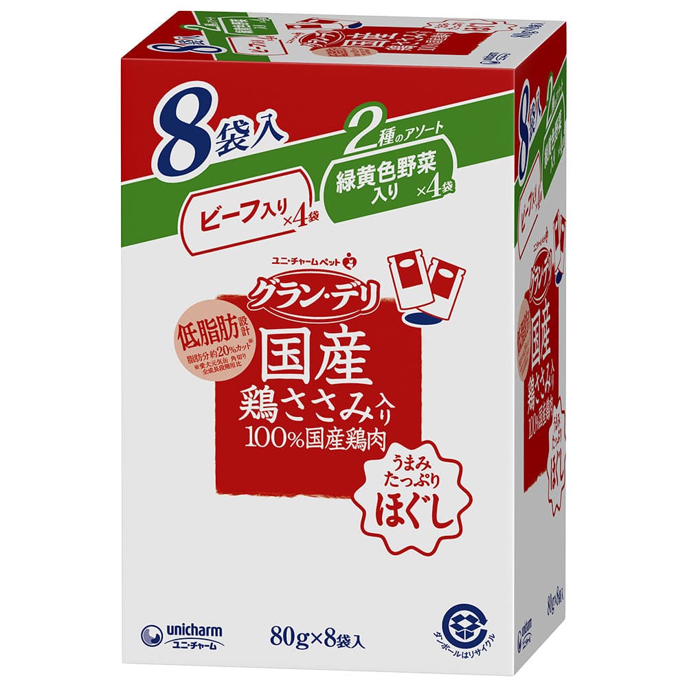 ユニ・チャーム　グラン・デリ　国産ささみ入りパウチ　ほぐし　ビーフ＆緑黄色野菜　８０ｇ×８袋入り