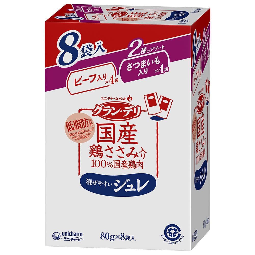 ユニ・チャーム　グラン・デリ　国産ささみ入りパウチ　ジュレ　ビーフ＆さつまいも　８０ｇ×８袋入り