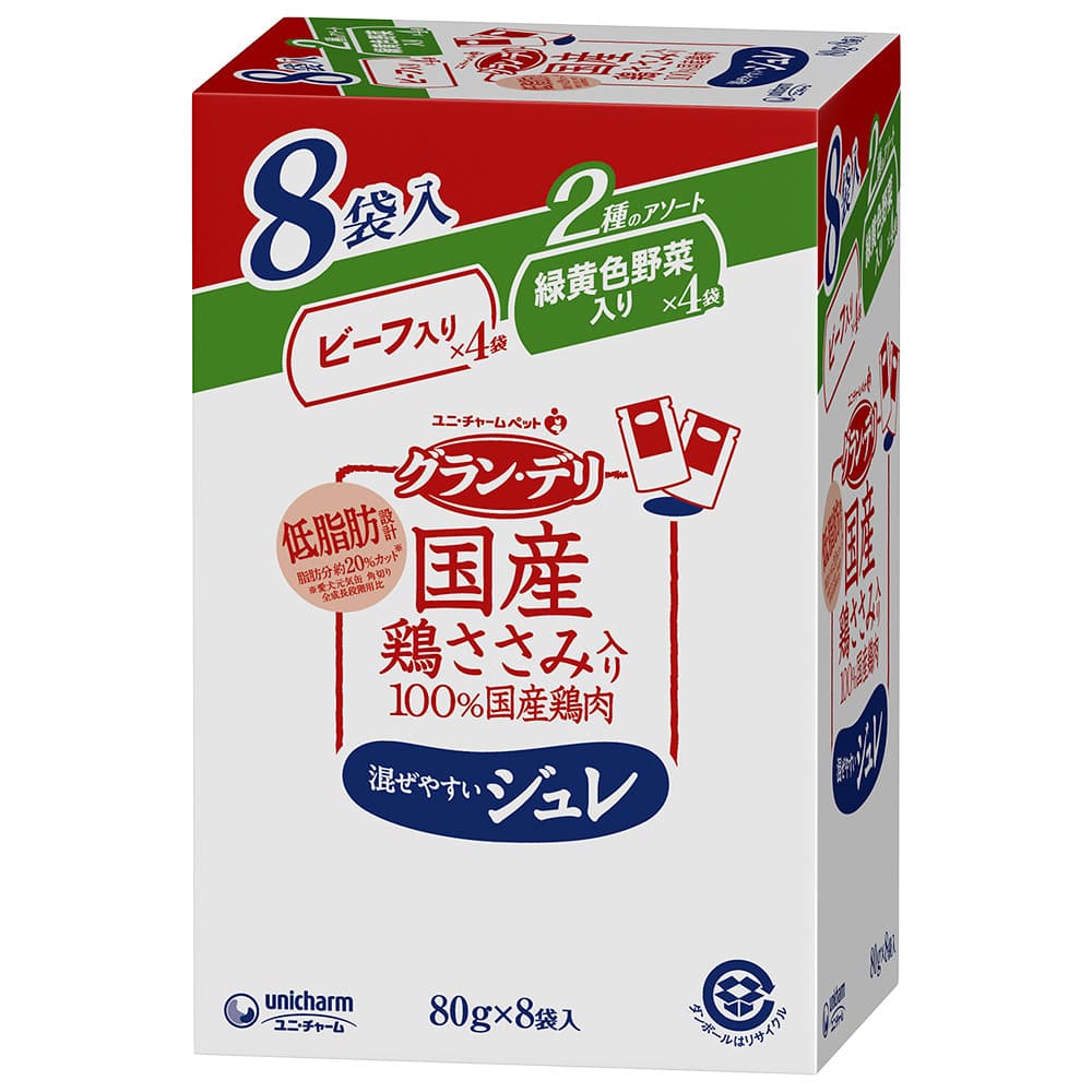 ユニ・チャーム　グラン・デリ　国産ささみパウチ　ジュレ　ビーフ＆緑黄色野菜　８０ｇ×８袋入り