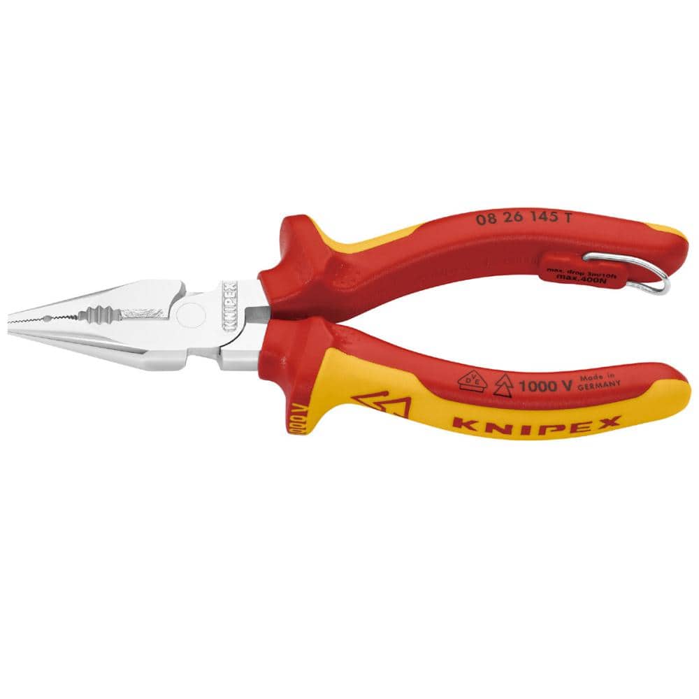 ＫＮＩＰＥＸ　１０００Ｖ　落下防止付　絶縁ニードルノーズペンチ　１４５ｍｍ　０８２６－１４５ＴＢＫ