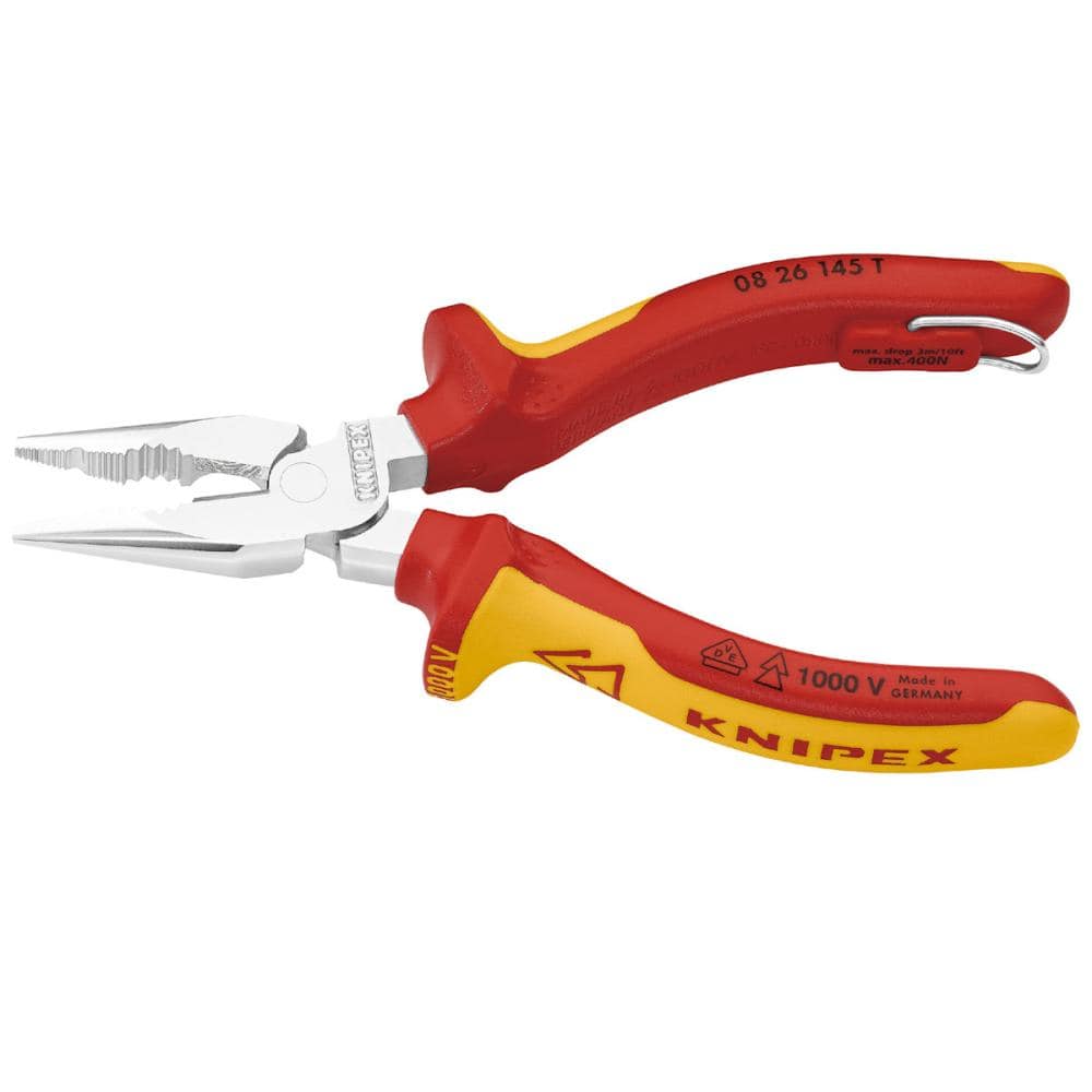 ＫＮＩＰＥＸ　１０００Ｖ　落下防止付　絶縁ニードルノーズペンチ　１４５ｍｍ　０８２６－１４５ＴＢＫ