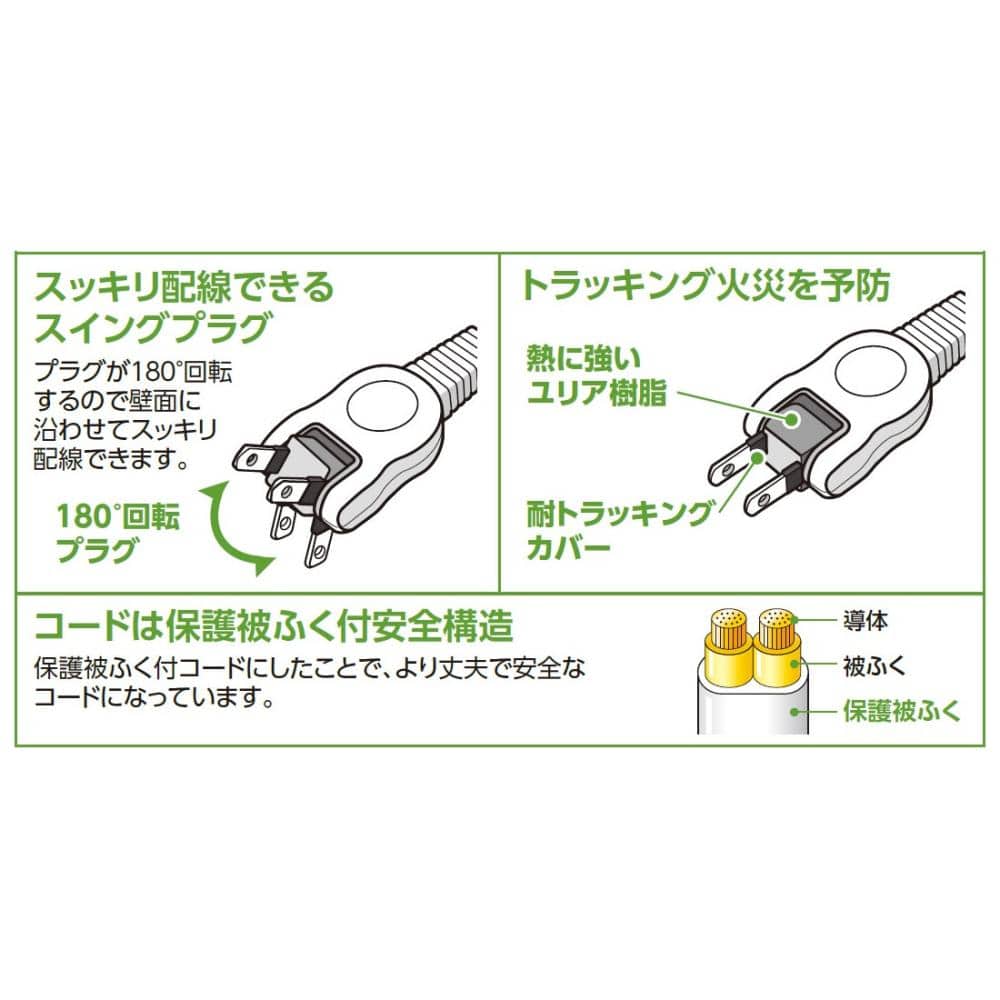 Ｊｅｎｉｘ（ジェニックス）　コード付電源タップ　３個口　２ｍ　安全扉付　スイングプラグ　ＸＫＴＭ３０２Ｗ