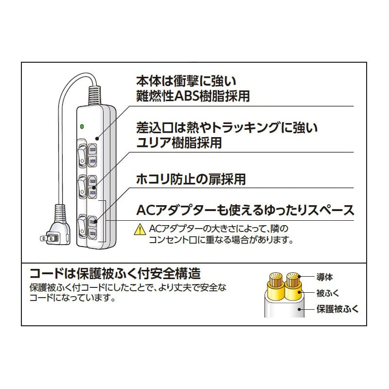 Ｊｅｎｉｘ（ジェニックス）　雷ガード付　スイッチ付タップ　３個口　３ｍ　安全扉付　Ｌ型プラグ　ＪＸＳＴＬ３０３Ｓ