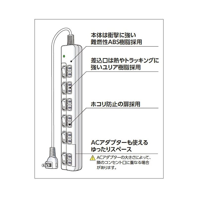 Ｊｅｎｉｘ（ジェニックス）　雷ガード付　スイッチ付タップ　６個口　２ｍ　安全扉付　Ｌ型プラグ　ＪＸＳＴＬ６０２Ｓ