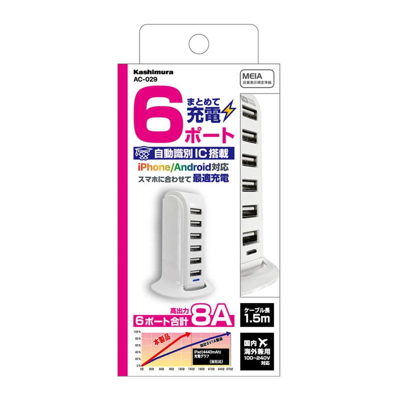 カシムラ　自動識別ＩＣ搭載　ＵＳＢ６ポートＡＣ充電器　ＡＣ－０２９