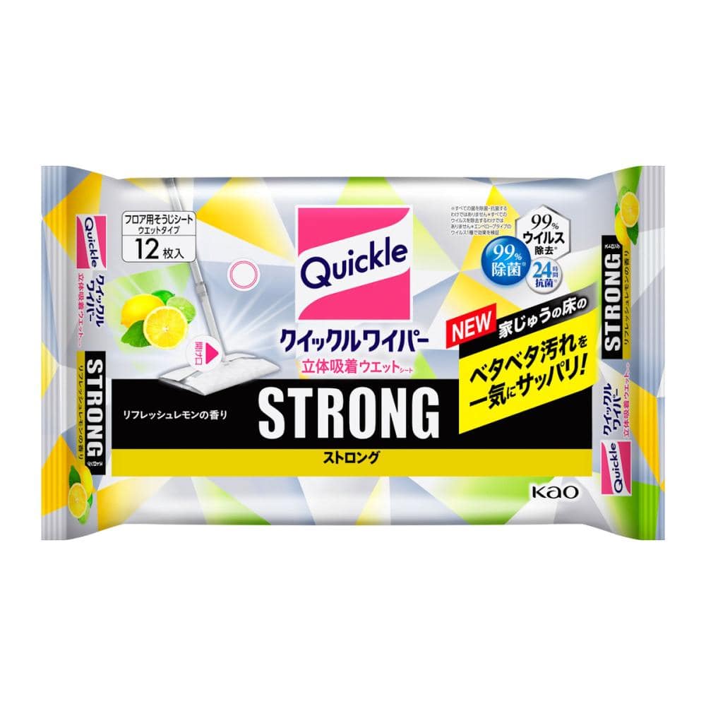 花王　クイックルワイパー　立体吸着ウェットシート　ＳＴＲＯＮＧ　リフレッシュレモン　１２枚