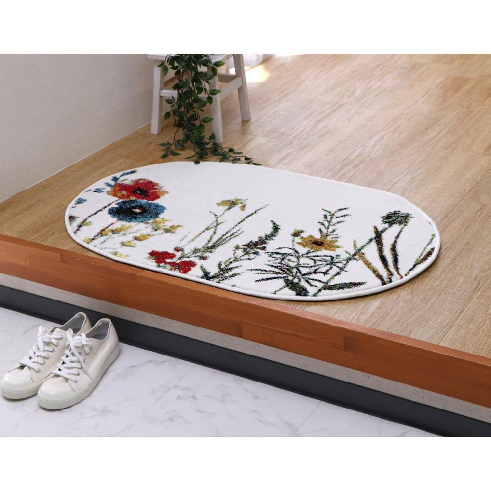 イケヒコ　インテリアマット　ボタニカル　アイボリー　楕円６０×９０ｃｍ