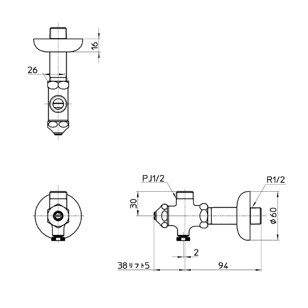 ＳＡＮＥＩ（サンエイ）ドライバー式止水栓本体　ナットなし　寒冷地用　ＪＶ２２５ＡＤＫ－２Ｘ２－１３