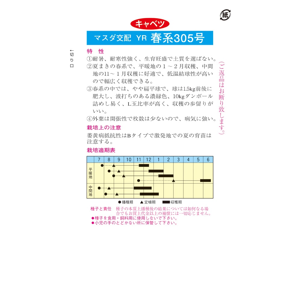 キャベツ種子　ＹＲ春系３０５号キャベツ　小袋１８０粒