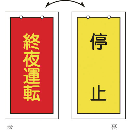緑十字 バルブ表示札 終夜運転(赤)⇔停止(黄) 特15-76 100×50mm 両面 エンビ_