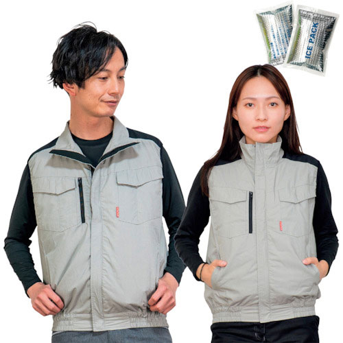 岡潮　冷感保冷剤付き、空調ベスト＋バッテリー付（ハーネス対応）　ライトグレー×ブラック　Ｌ＿
