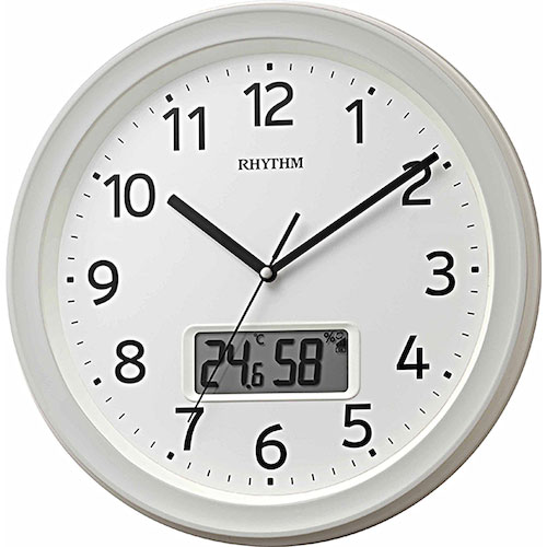 ＲＨＹＴＨＭ　電波　壁掛け時計（アナログ表示）　温湿度計付き　カレンダー　連続秒針　白　Φ３２５×５＿