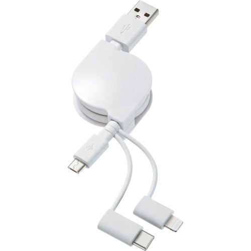 SANWA ライトニング・Type-C・microB巻取りUSB3in1ケーブル0.8m_