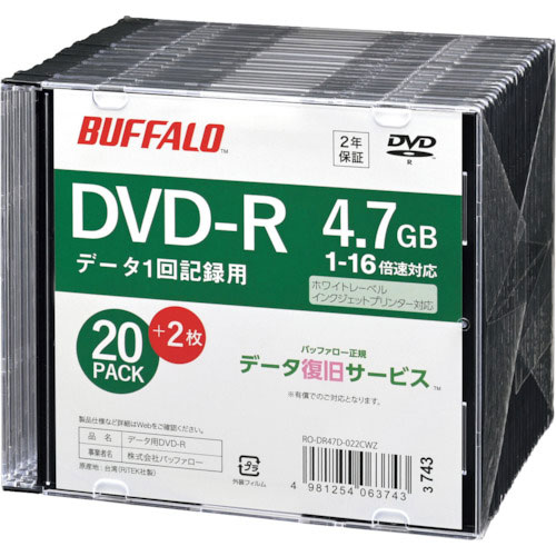 バッファロー 光学メディア DVD-R PCデータ用 4.7GB 法人チャネル向け 20枚+2枚_