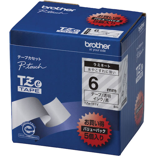 ブラザー Tzeテープ 黒文字/透明テープ/6mm (お徳用パック5個入)_