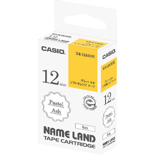 カシオ ネームランド用アッシュテープ、ソフトオレンジにグレー文字12mm_