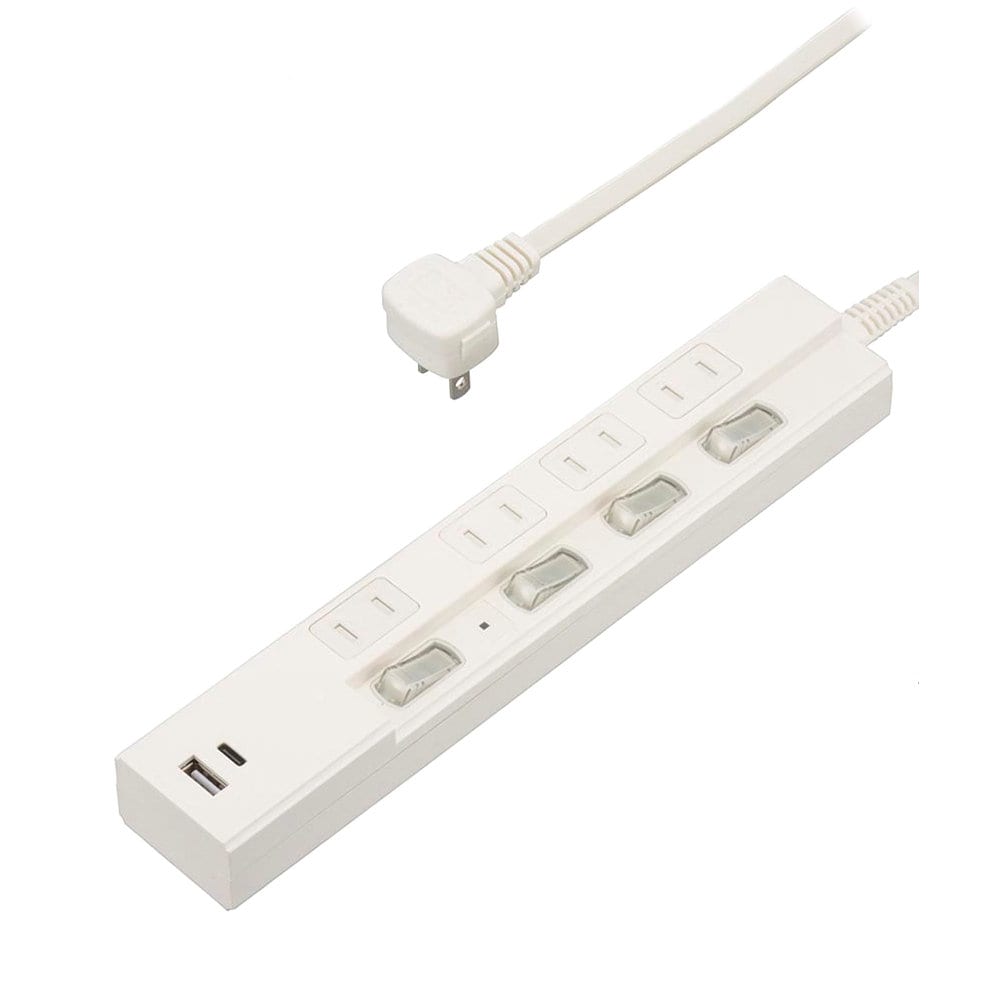 オーム電機 4個口節電タップ雷ガード付 PD対応 タイプC・Aポート付 1m ホワイト